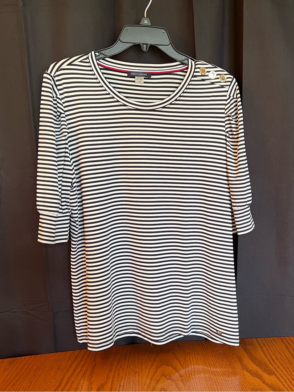 Tommy Hilfiger Large Black & White Striped Button-Shoulder Tee